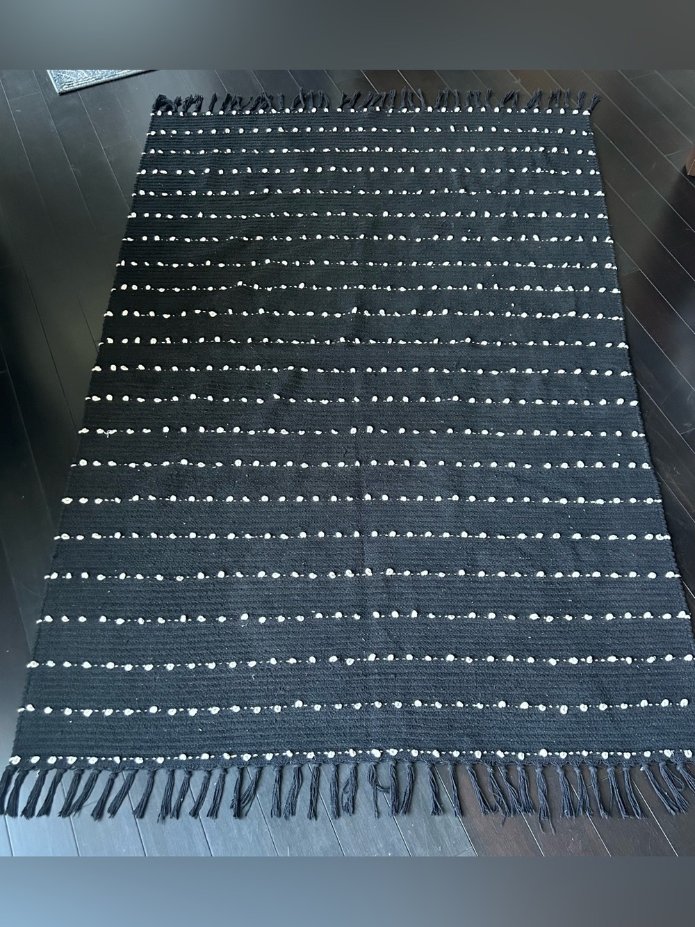Good weave Black Woven Fringe Rug w/White Dot Stripe•Washable•Reversible•46”x72”